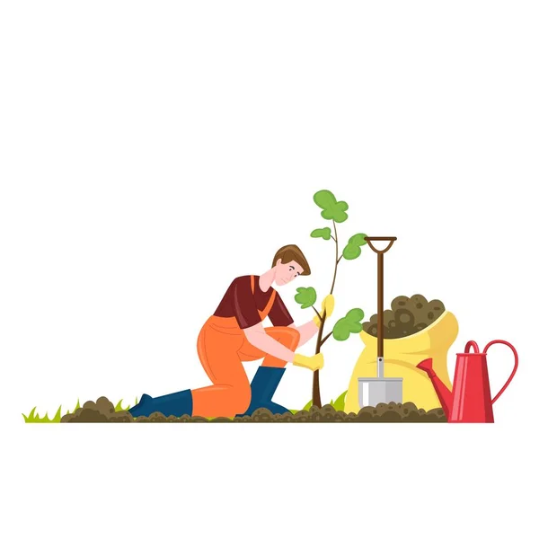 Samec zahradník zasadí stromek — Stockový vektor