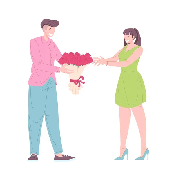 Man gives girlfriend bouquet of flowers — Stock Vector