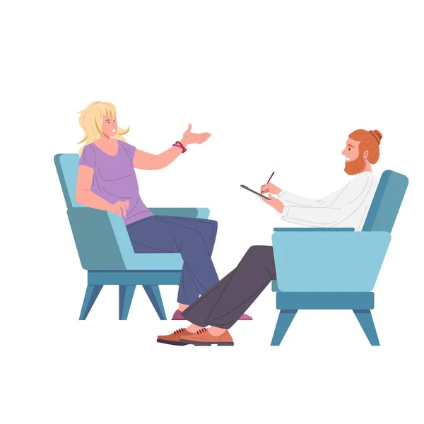 Female patient and man psychologist talking — Stock Vector