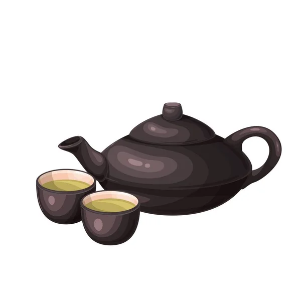 Tetera y tazas de té chinas o japonesas — Vector de stock