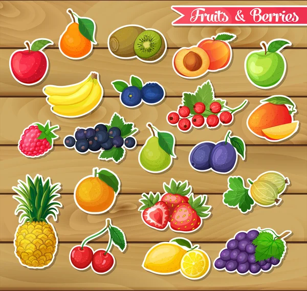 Pegatinas con frutas y bayas — Vector de stock