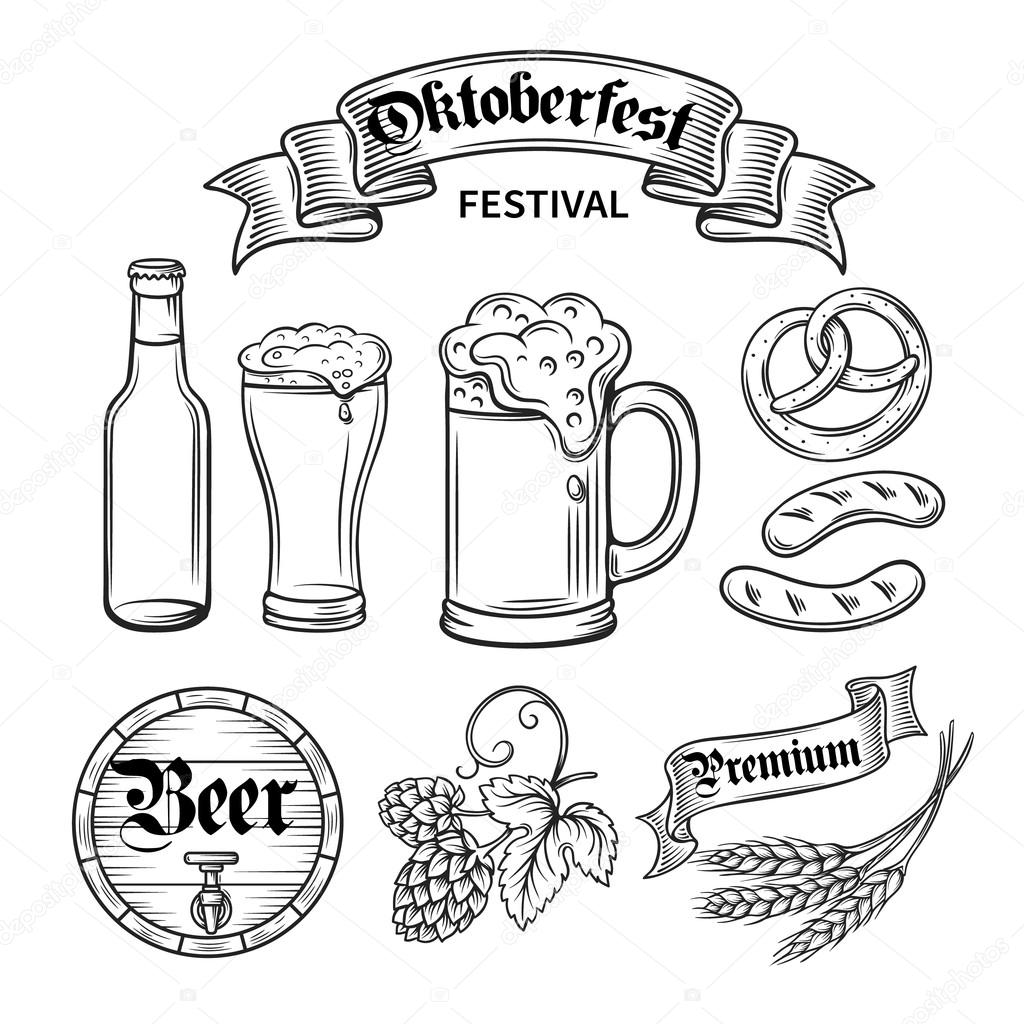 Set hand draw decorarive  beer oktoberfest, black line