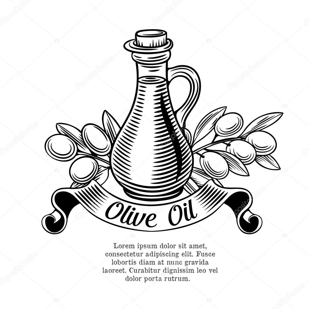 Decorative label with a bottle of oil and olives. Vector illustration