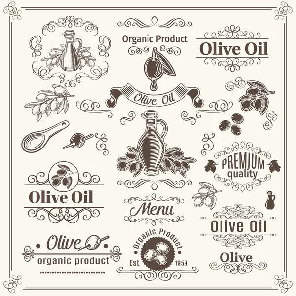 Vintage prvky a stránky dekorace. Návrh olivový olej. — Stockový vektor