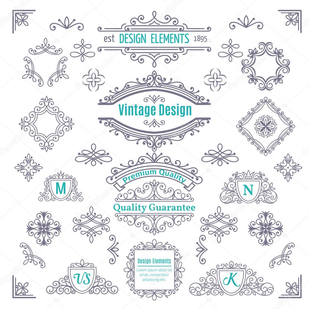 Set of Vintage Vector Line Art Calligraphic Elements .