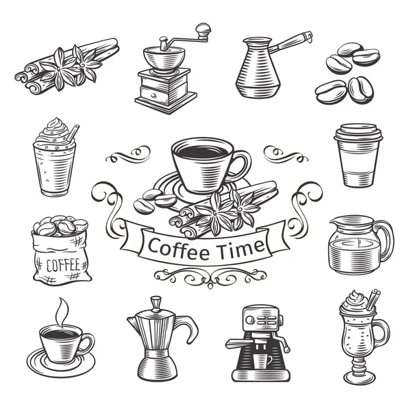 Dekorative Kaffee-Ikonen Set. — Stockvektor