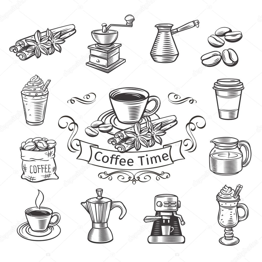Decorative coffee icons set.