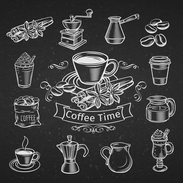Set of hand drawn decorative coffee icons. — Stock Vector