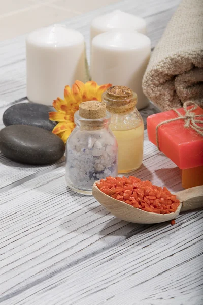 Wellnessbad Kosmetik. Seife Schönheitsbehandlung Hintergrund — Stockfoto