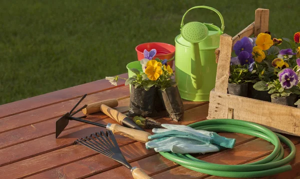 Gardening tools on the grass in the garden — Stock Photo, Image