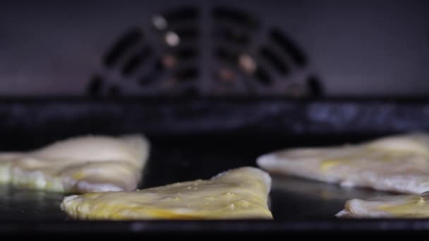 Bladerdeeg taarten bakken in de oven. Tijdsverloop beeldmateriaal van koken — Stockvideo