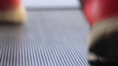 Kardiyo çalışması. Spor salonunda koşu bandında egzersiz yapan aktif bir adam.