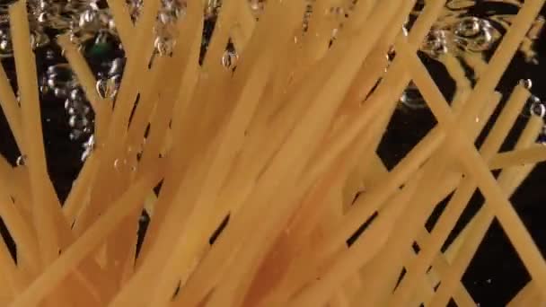 Cocina tradicional italiana a cámara lenta Lanzamiento de pasta de espagueti en el agua sobre fondo negro — Vídeos de Stock