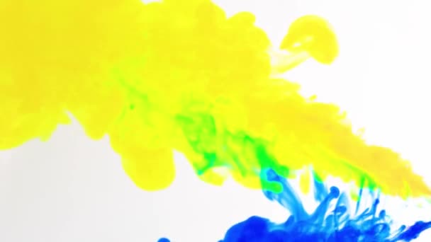 Inktwolk overlay. Kleur ontploffing. blauw geel rook beweging op witte achtergrond voor videobewerking. — Stockvideo