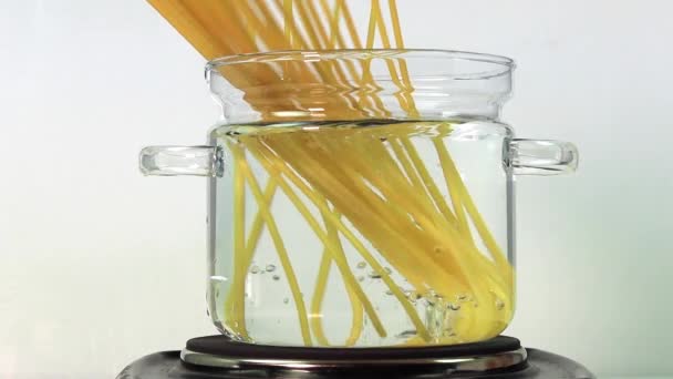 Cocina tradicional italiana a cámara lenta Lanzamiento de pasta de espagueti en el agua sobre fondo blanco — Vídeo de stock