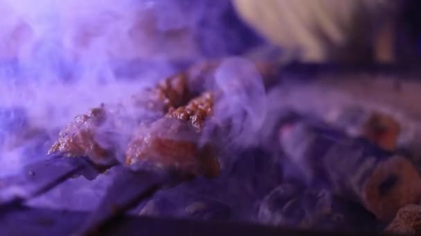 Varios shish turco tradicional crudo Adana Kebab pinchos que hacen de carne se alinean sobre carbón en la barbacoa. — Vídeos de Stock