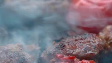 Piknik için ızgara, Sokak Fast Food, Izgara Izgara Pişirme, Karışık Kızarmış Et ve Sebzeler Mangalda