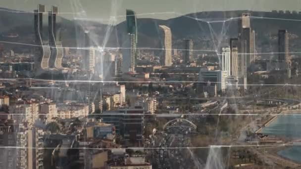 Έξυπνη έννοια της πόλης και του δικτύου επικοινωνίας. 5G. Διαδίκτυο των πραγμάτων. Τηλεπικοινωνίες. — Αρχείο Βίντεο