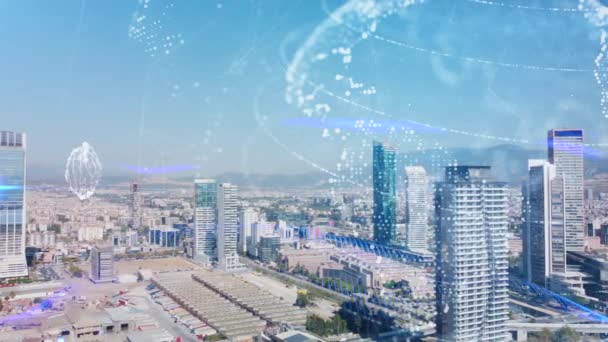 Vista aérea moderna de la ciudad y concepto de red de comunicación. Una ciudad inteligente. 5G. IoT. — Vídeos de Stock