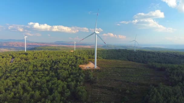 Muchy dronów nad parkiem wiatraków. Widok z powietrza na farmę z turbinami wiatrowymi. Turbiny wiatrowe generujące czystą energię odnawialną na rzecz zrównoważonego rozwoju. — Wideo stockowe