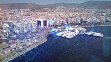 Akıllı şehir ve iletişim. Şehir teknolojisinin gelecekteki ağ konsepti. Akıllı şebeke. Kavramsal soyut. IOT, yapay zeka, bulut hesaplama, kablosuz teknoloji. İHA 'dan ateşlenmiş.. 