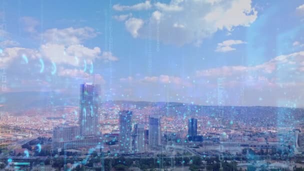 Vista aérea moderna de la ciudad y concepto de red de comunicación. Una ciudad inteligente. 5G. IoT. — Vídeos de Stock