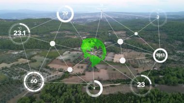 Çevre ve iklim için yeşil küre, düğümler ve ölçümleri gösteren Ağ Örtülü Hava Ormanı manzarası