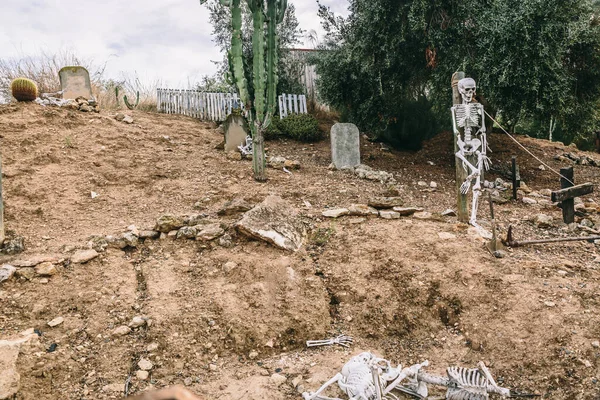Representación Cementerio Con Tumbas Esqueletos Medio Mucha Tierra — Foto de Stock