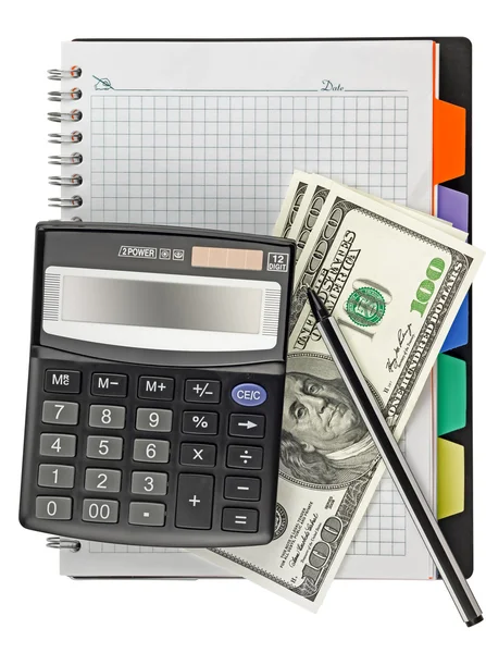 Calculator with a pen in a notebook — Stock Photo, Image