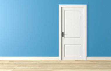 Shut white wooden door on blue wall, white wooden floor