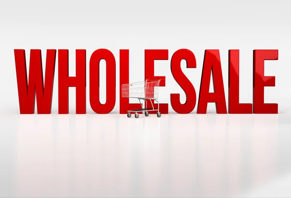 Velké červené slovo velkoobchodní na bílém pozadí u nákupního košíku — Stock fotografie