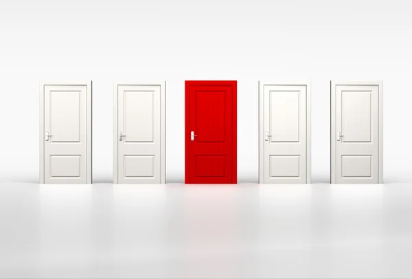 Concept of individuality and opportunity. Red door in row of whi — Stock Photo, Image