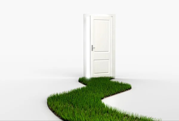 Caminho de grama verde fresco que leva à porta branca aberta — Fotografia de Stock