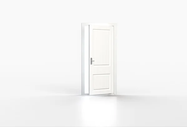 Ljust ljus som lyser genom öppen vit dörr på vit bakgrund — Stockfoto