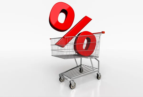 Rood procentteken in realistische winkelwagen op witte achtergrond. — Stockfoto