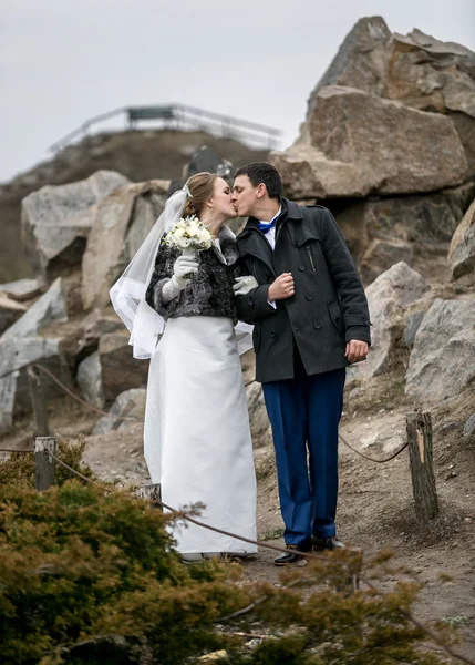 Bacio sposa e sposo a piedi in montagna — Foto Stock