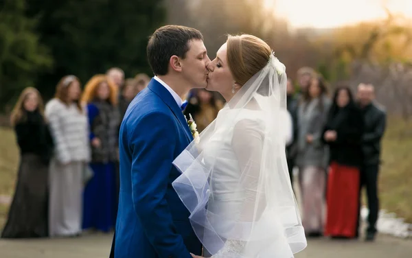 Recién casada pareja besándose delante de felices invitados en el parque —  Fotos de Stock