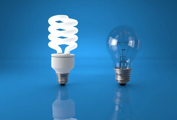 Concept of technology evolution. Energy saving bulb comparing to — Stock Photo, Image