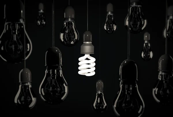 Eco energy saving bulb lighting incandescent bulbs hanging over — Stock Photo, Image