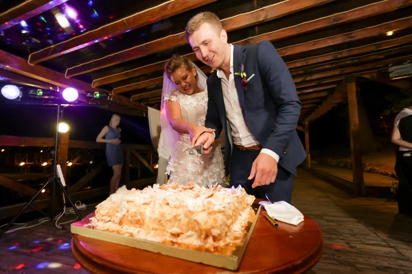 幸せな花嫁と新郎結婚式ケーキカット ナイフ — ストック写真