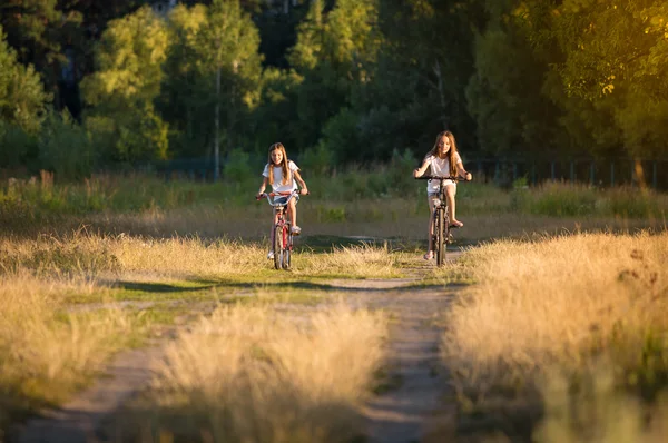 Imagen tonificada de dos chicas montando bicicletas en el prado al atardecer — Foto de Stock