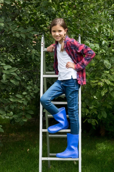 Petite fille en bottes de gomme bleue debout sur escabeau à apple gar — Photo