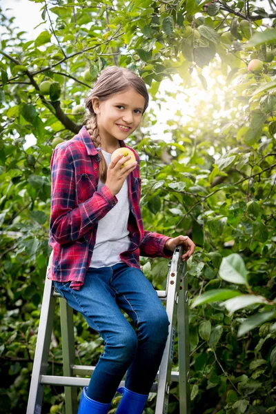 Ragazza raccogliendo mele mature in giardino in giornata di sole brillante — Foto Stock