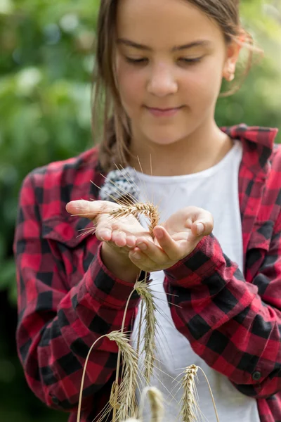 Beautiful young girl holding golden wheat ear — Stock Photo, Image
