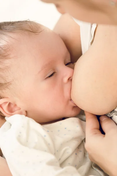Getöntes Porträt eines 3 Monate alten Jungen, der Mütter an der Brust lutscht — Stockfoto