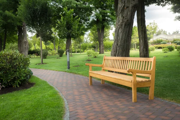 Dřevěná lavička pod stromy v parku — Stock fotografie
