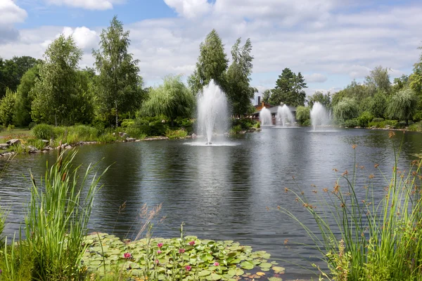 Teich mit Springbrunnen im Garten — Stockfoto