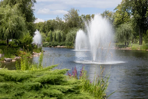 Schöne Brunnen am See im formellen Garten — Stockfoto