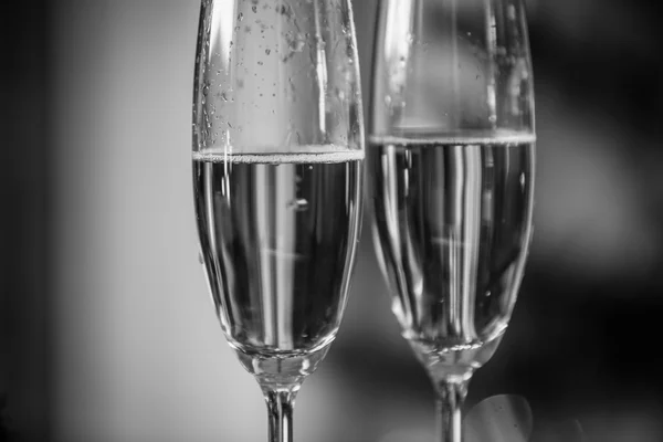 Zwart-wit macro-opname van champagne bubbels in twee glazen — Stockfoto