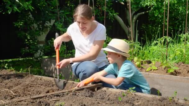 Slow motion av ung mor lära sin lille son arbetar på bakgård trädgård och plantera grönsaker. — Stockvideo